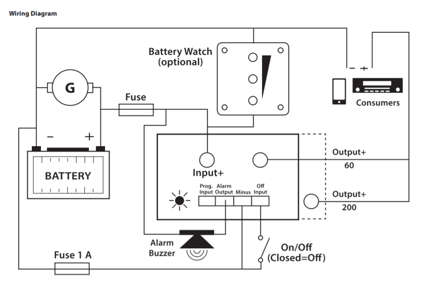 Schematic wiring diagram showing battery, fuse, load and switch connections for the battery guard