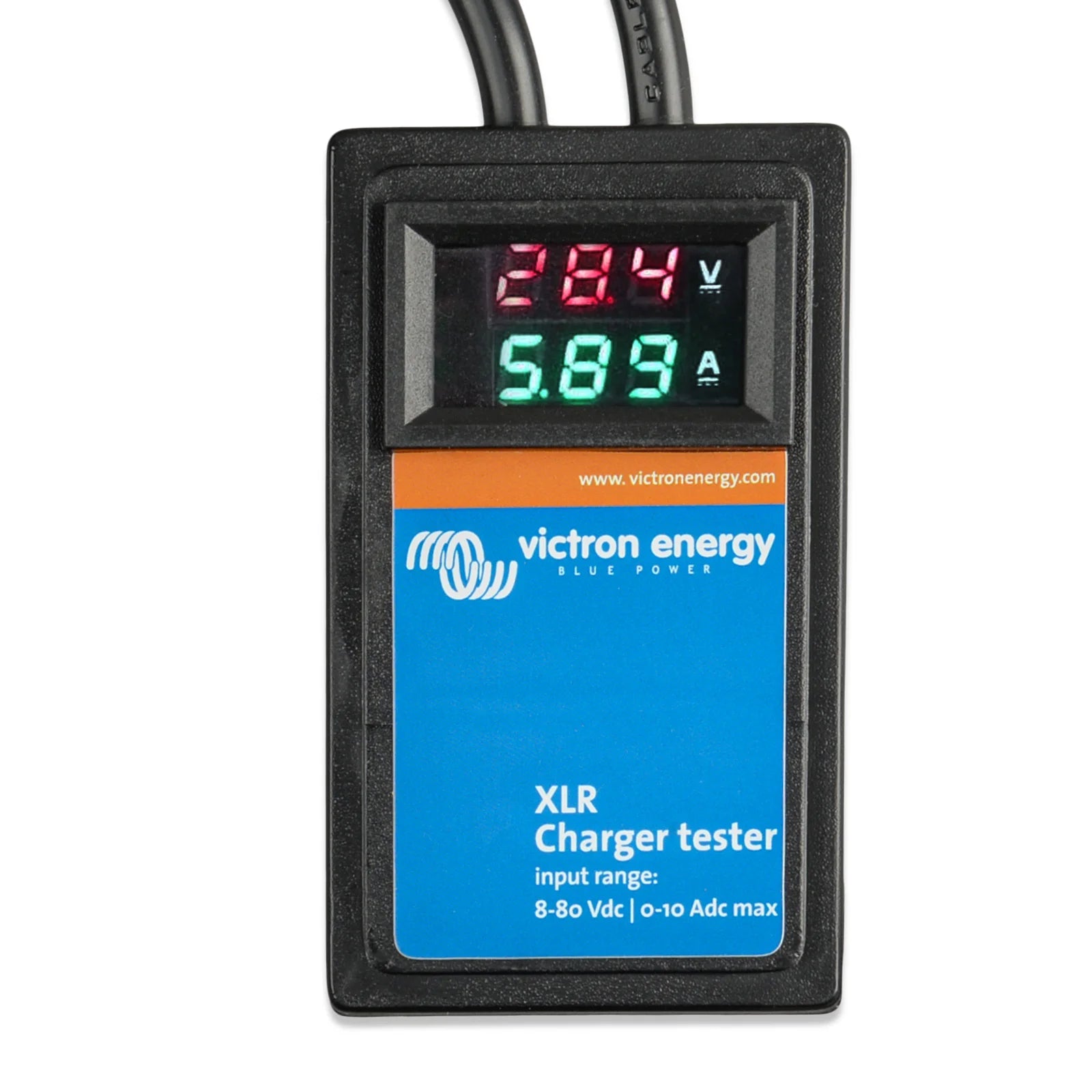 Close-up of the charger tester's digital LED screen showing 28.4V and 5.89A