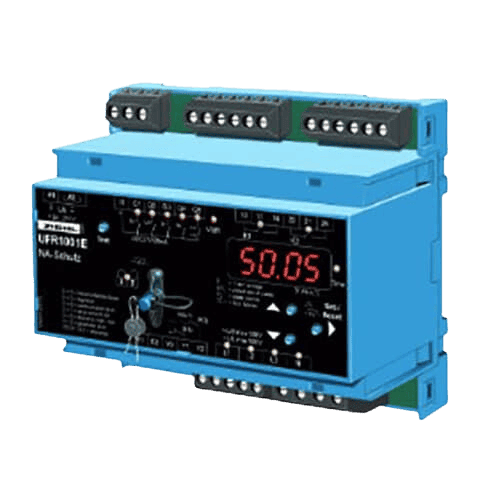 Ziehl UFR1001E voltage and frequency relay for anti-islanding protection in a blue DIN rail enclosure