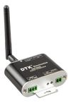 Angled perspective of a black Zigbee to RS485 converter showing terminal connections