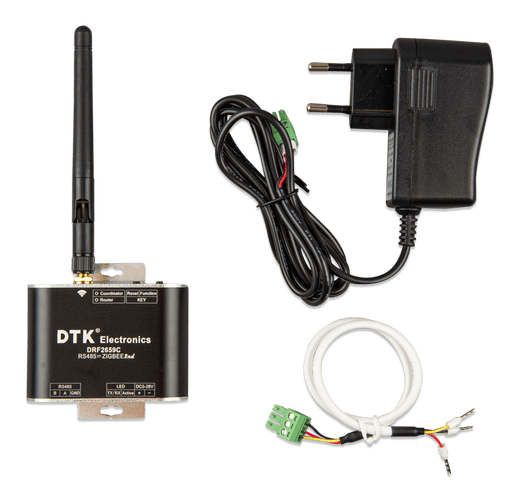 Victron Zigbee to RS485 converter module with antenna attached and separate power components