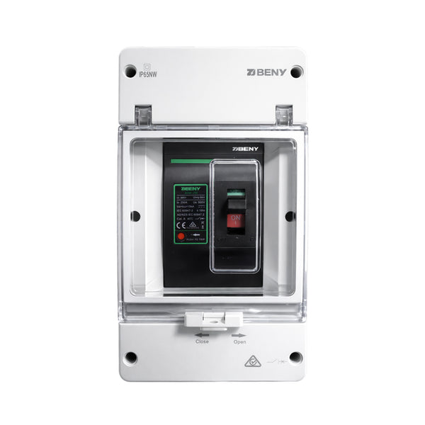 Front view of ZJBeny 250A 2-pole DC circuit breaker in a white IP65 weatherproof enclosure with transparent cover