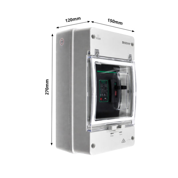 Dimensional diagram showing the circuit breaker enclosure measuring 270mm high, 150mm wide and 120mm deep