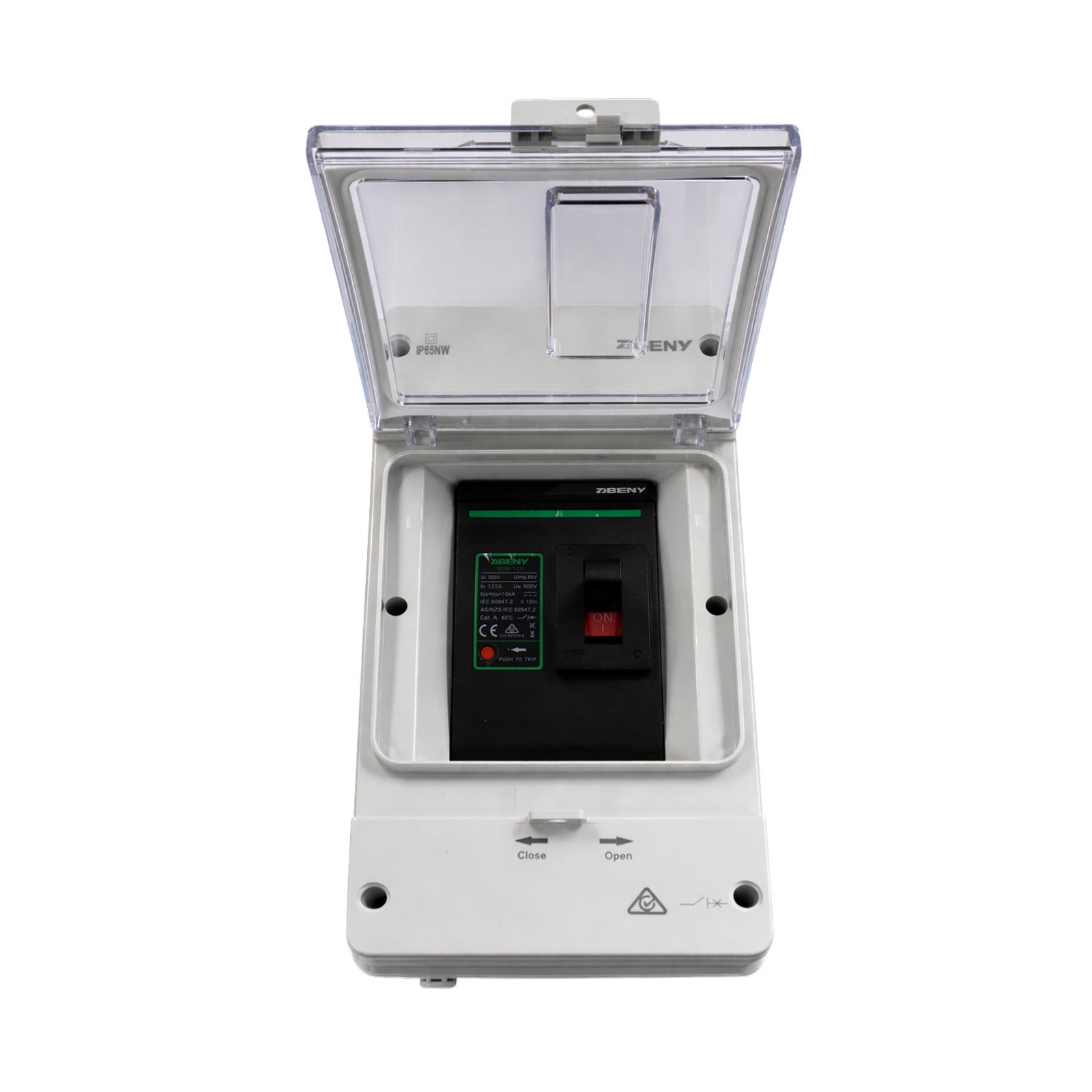 High angle view of the ZJBeny 125A DC circuit breaker with the enclosure lid fully open
