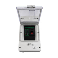 High angle view of the ZJBeny 160A DC circuit breaker with the enclosure lid fully open