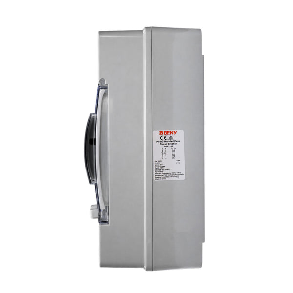 Side view of the ZJBeny DC circuit breaker enclosure showing the technical specification and compliance label